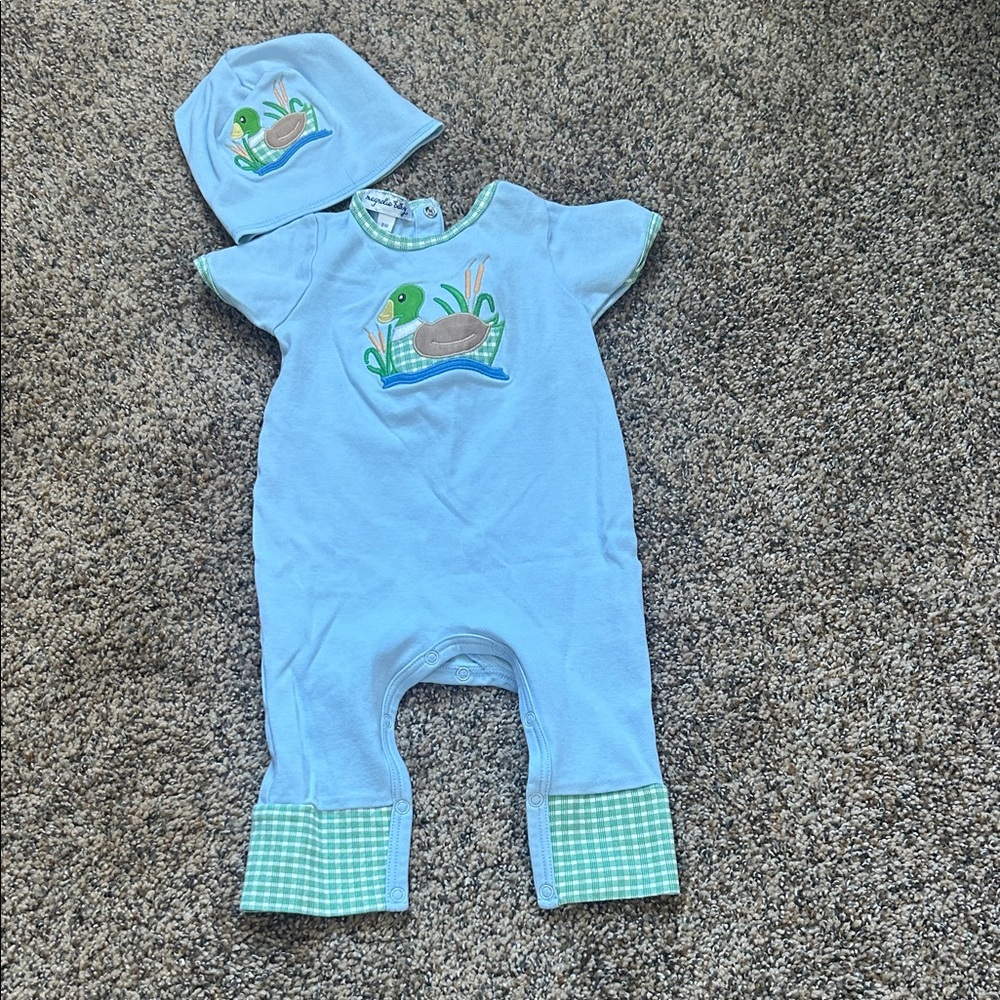 Charming Blue Baby Magnolia Baby Duck Bodysuit with Hat size 3 months never worn
